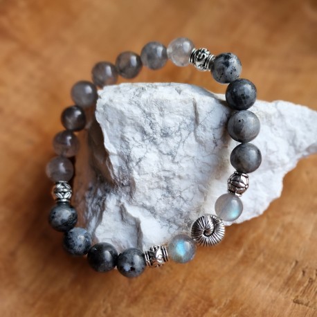 Larvikite, quartz fumé et labradorite - bracelet médium