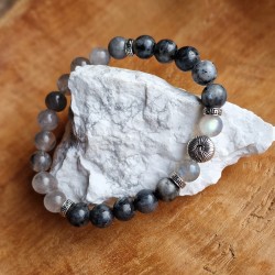 Larvikite, quartz fumé et labradorite - bracelet large